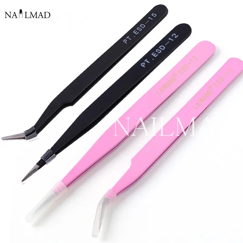 2pcs Straight + Curved Tweezers Nail Art False Fake Eyelashes Extension Tweezers Nippers Pointed Clip Nail Art Tools