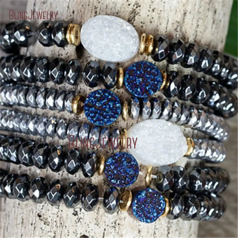 Faceted Rondelles Hematite Beads Bracelet Blue or White Druzy Bracelet BM20503