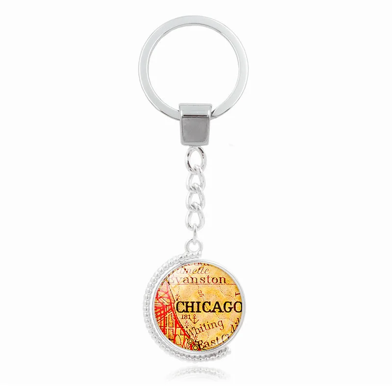 Брелок для ключей XUSHUI Chicago Map двухсторонний вращающийся стеклянный купольный