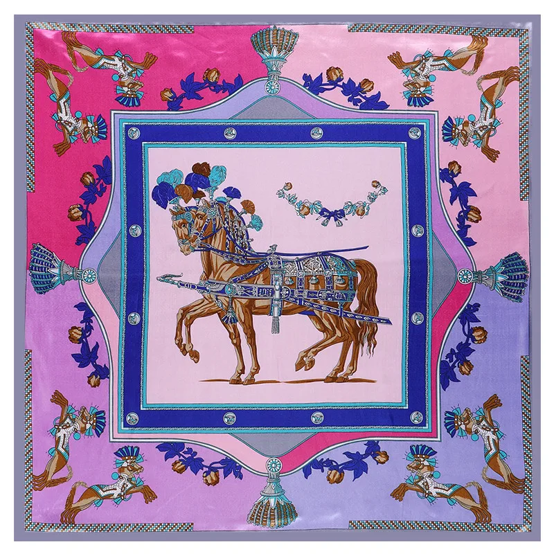 POBING Luxury Horse Print Hijab Women Satin Silk Scarf Shawl Foulard Femme Square Head Scarves Wraps 90*90CM |