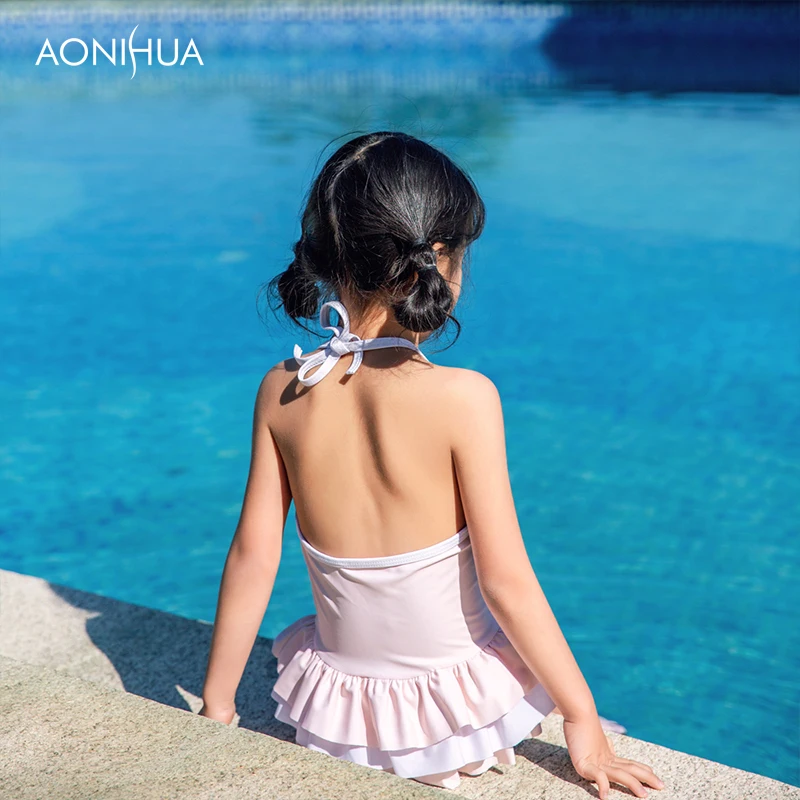 Однотонный слитный купальник AONIHUA для девушек пляжный купальный костюм со