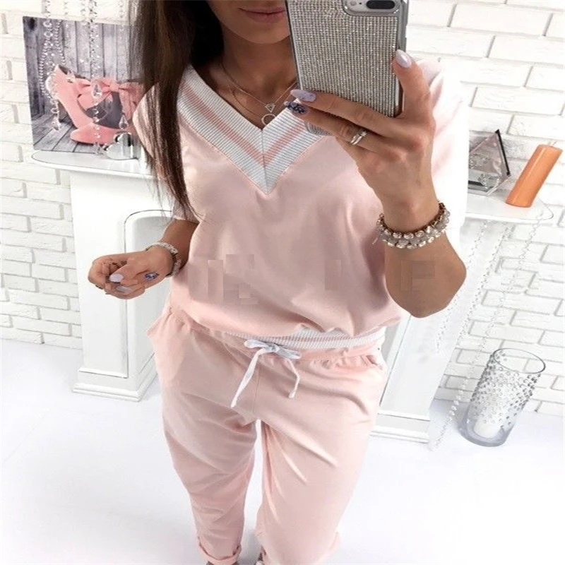 Женский костюм двойка из пуловера с V образным вырезом и длинных брюк|elegant