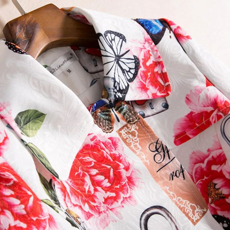 Luxury Flower Print Women Trenchcoat Fashion Turn-Down Collar Long Sleeve Coat With Belt | Женская одежда