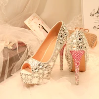 new arrival real leather luxury crystal bride wedding shoes women super high shoes woman rhinestone platform shoes ladies party