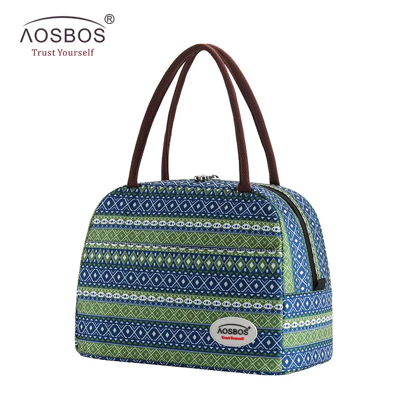 Bohemian blue Aosbos полосатая изолированная сумка для ланча, переносная холщовая Термосумка для еды, пикника, сумки для ланча, сумка-тоут для женщин, мужчин и детей - Цвет: Bohemian blue