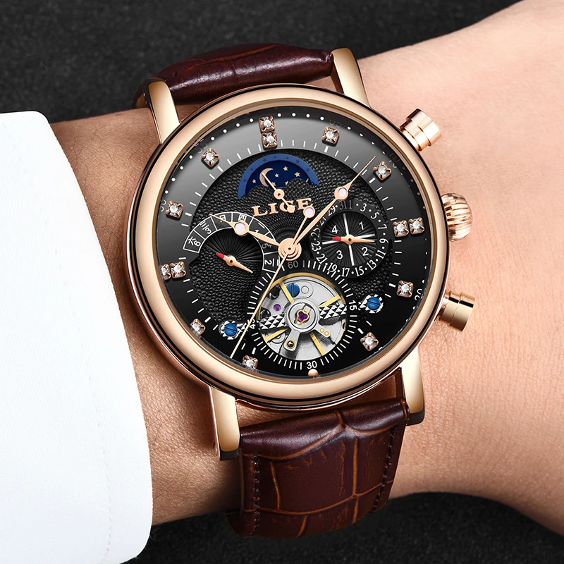 LIGE Брендовые мужские часы автоматические механические Tourbillon спортивные кожаные