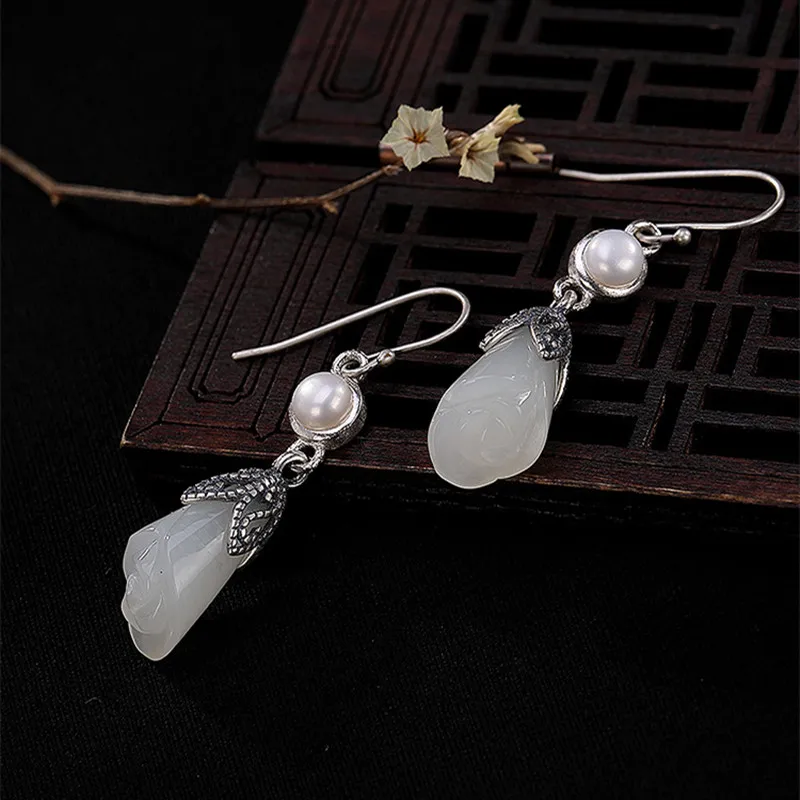 Uglyless Elegant Romantic Floral Earrings Women Handmade Solid 925 Silver Pearls Natural White Jade Thai Bijoux | Украшения и
