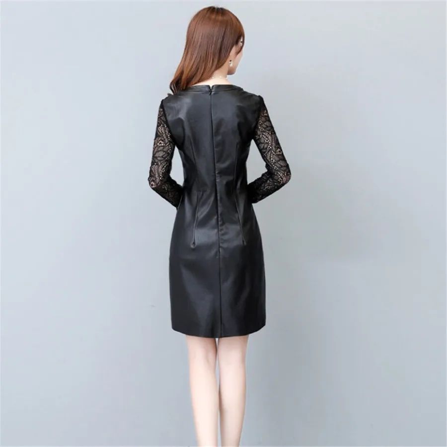 Женское кожаное платье с длинным рукавом черное привлекательное облегающее