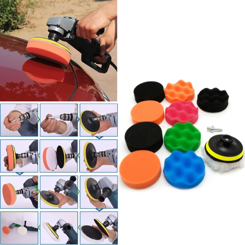 

11 Pcs 3/4/5/6/7" Buffing Sponge Polishing Pad Kit Set For Car Polisher Buffer R2LC