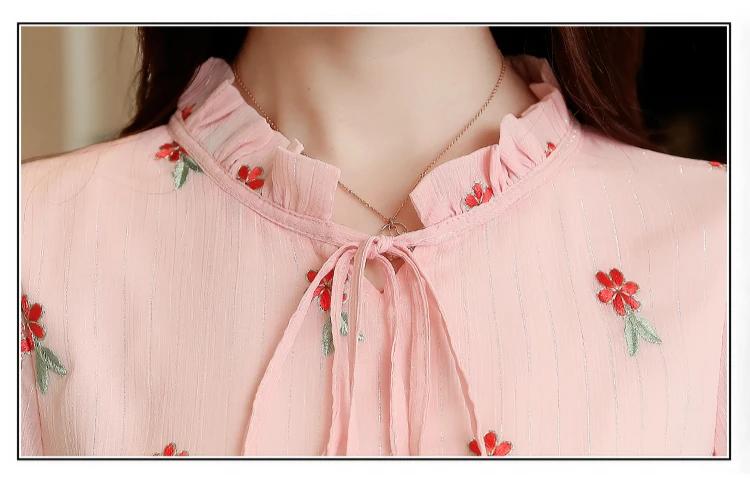 sweet floral embroidery chiffon blouse shirt fashion woman blouses 2019 long sleeve solid white pink top femlae blusa 0967 40 |