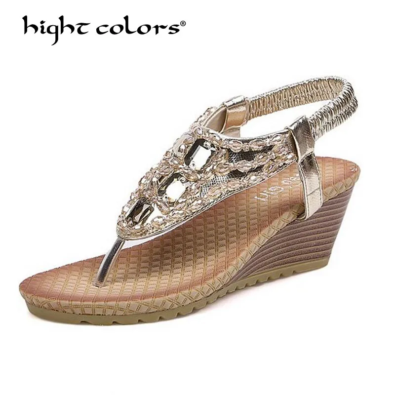 

Bohemian Beaded Women Wedges Sandals Clip Toe Brand Quality Sexy Sandals Fashion Gold Silver Rhinestone Ladies Shoes Size 34-40