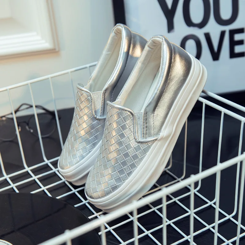 HEE GRAND Platform Loafers Silver Shoes Woman Weave Creepers Slip On Flats Casual Round Toe Women Autumn 3 Colors XWC566 | Обувь