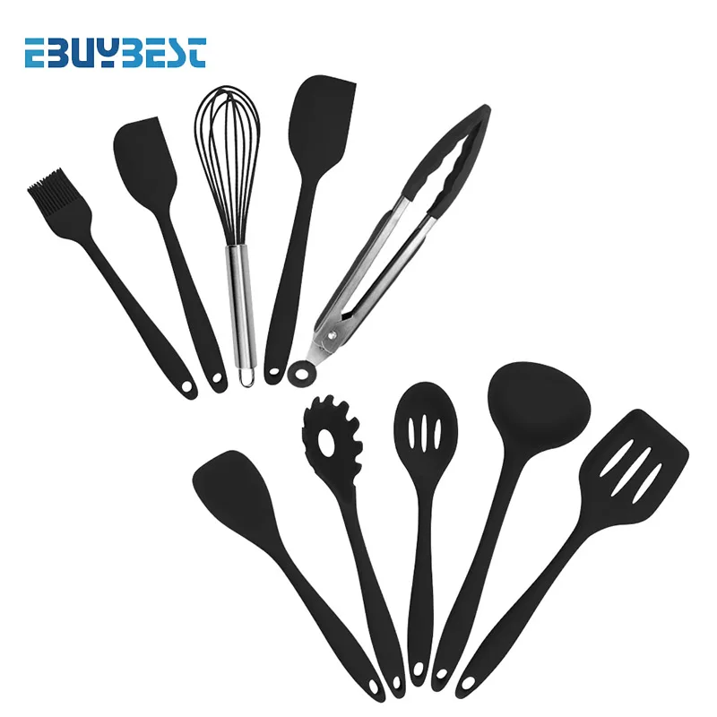 10pcs Black color 5 шт., 10 шт., кухонные инструменты, силиконовая кухонная утварь, лопатка, ложка, щипцы, ковш, спагетти-сервер, щелевой Тернер, набор кухонных инструментов - Цвет: 10pcs Black color