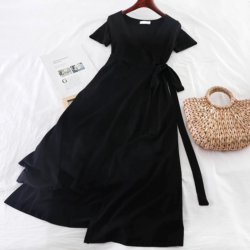 SKOONHEID Women Split Cotton Long Wrap Dress Sexy V Neck Short Sleeves Casual Sundress New Summer Elegant Large Size Solid | Женская