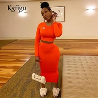 kgfigu women sets long sleeve shirts tops and pencil fitness cute skirts ladies two piece outfits orange stretchy clothes