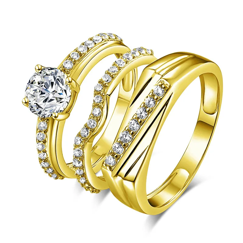 TRIO Rings AINUOSHI 14 K желтое золото Трио Набор парных колец уникальный топ-плоский мужской браслет 1,25 ct Круглый CZ Свадебные обручальные свадебные ювелирные кольца - Цвет камня: TRIO Rings