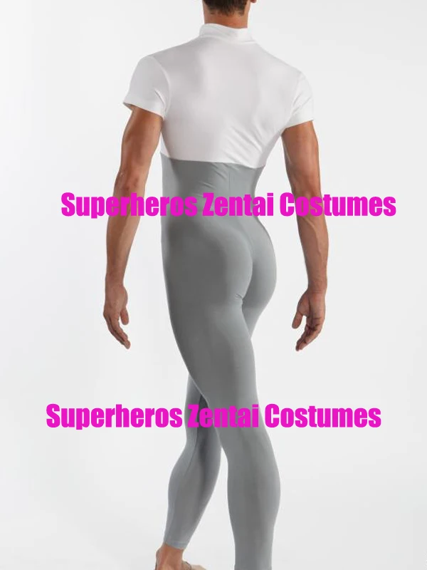 Top Quality Lycra Sexy Men White&ampGray Catsuit Jumpsuit Second Skin Tight Zentai Short Sleeve Gymnastics Unitard Leotard Bodysuit |