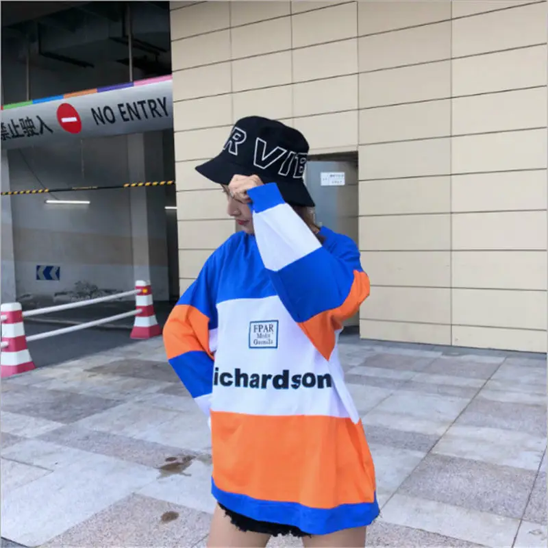 2018 популярная Футболка женская Свободная Лоскутная футболка с круглым вырезом