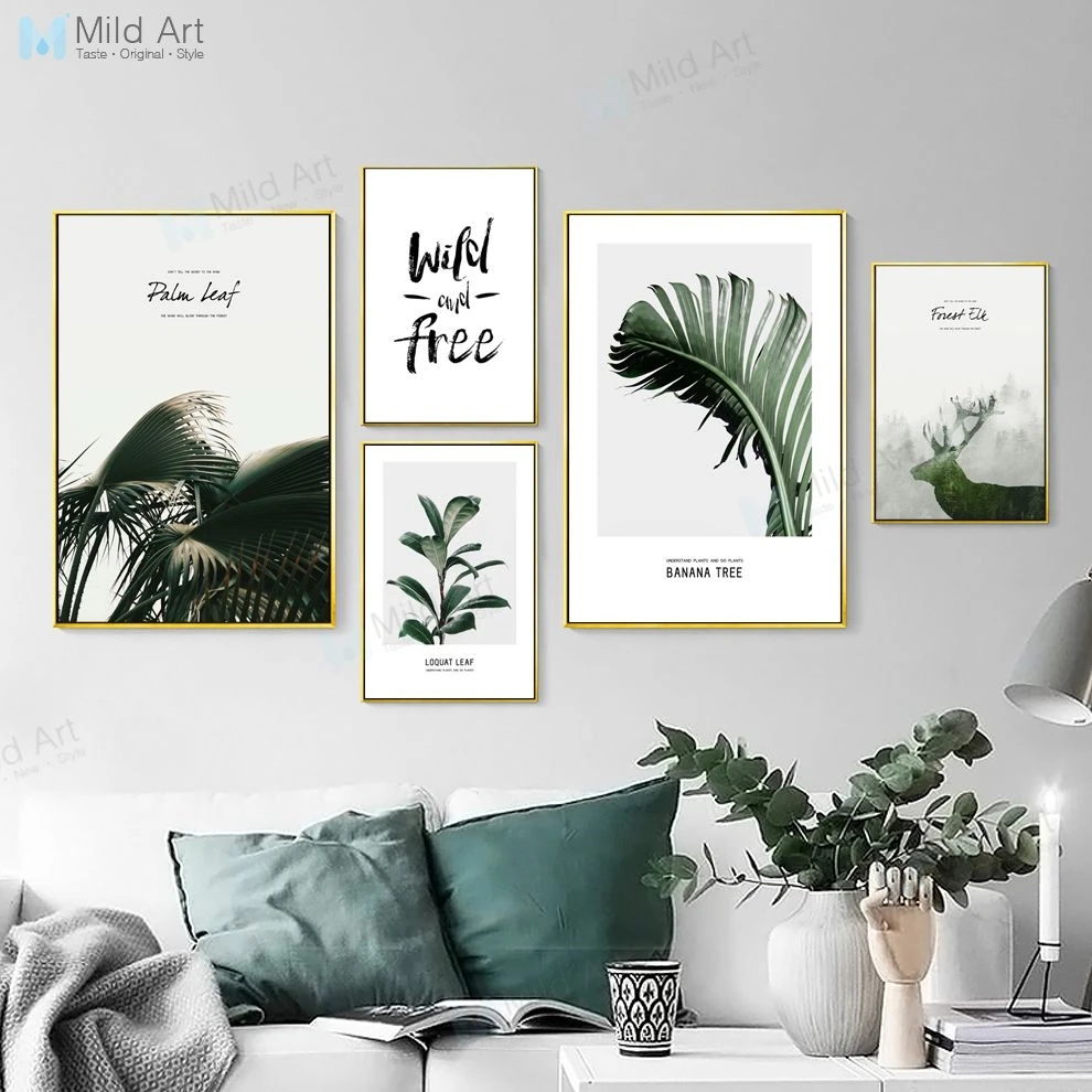 

Minimalist Green Leaves Deer Mountain Silhouette Posters Prints Nordic Living Room Wall Art Pictures Home Decor Canvas Paintings