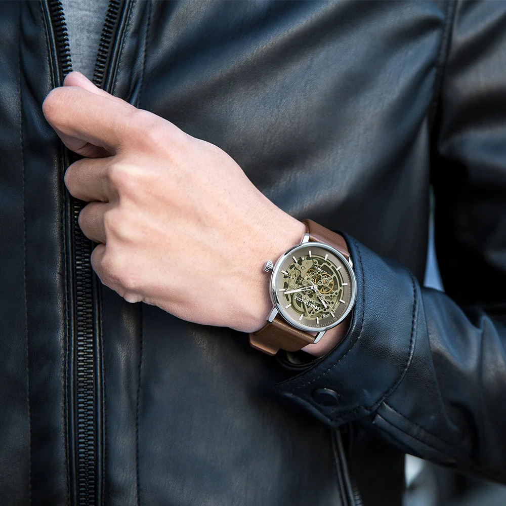 Kenneth Cole механические мужские часы коричневого золота Автоматический ветер кожа Пряжка водонепроницаемый люксовый бренд Мужские часы KC15104001