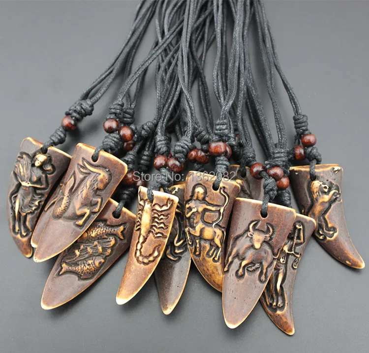 Коричневая имитация кости яка Резные 12 знаков зодиака созвездия подвески