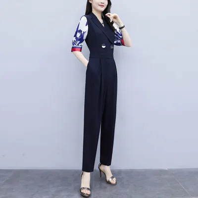 2019 Summer New Casual Fashion High Waist Jumpsuit Print V Collar Thin Section Feet Suit Women Plus Size | Женская одежда