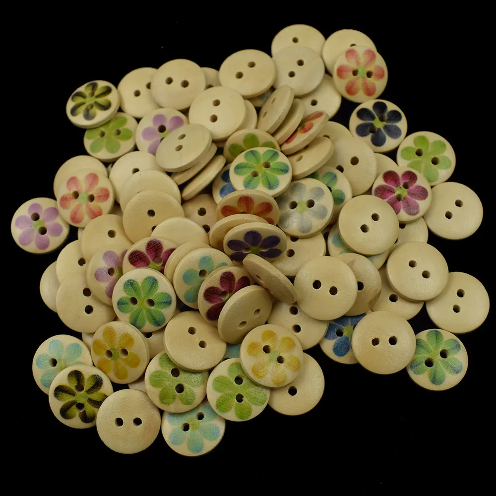 15 мм случайная смешанная древесная пуговица с двумя отверстиями для шитья, скрапбукинга и декорирования одежды.