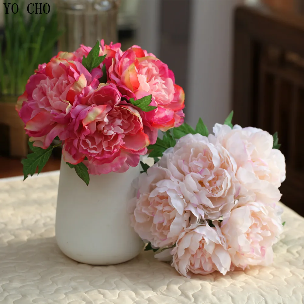 

5 heads/bouquet large artificial peony bouquet leaves real touch roses silk flower bouquet for wedding decoration mariage