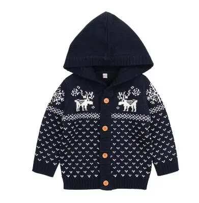 82W308 Navy Blue Новые свитера для маленьких мальчиков и девочек; пальто; детская одежда; осенне-зимняя куртка; Рождественский вязаный кардиган для малышей; джемпер с капюшоном и длинными рукавами - Цвет: 82W308 Navy Blue