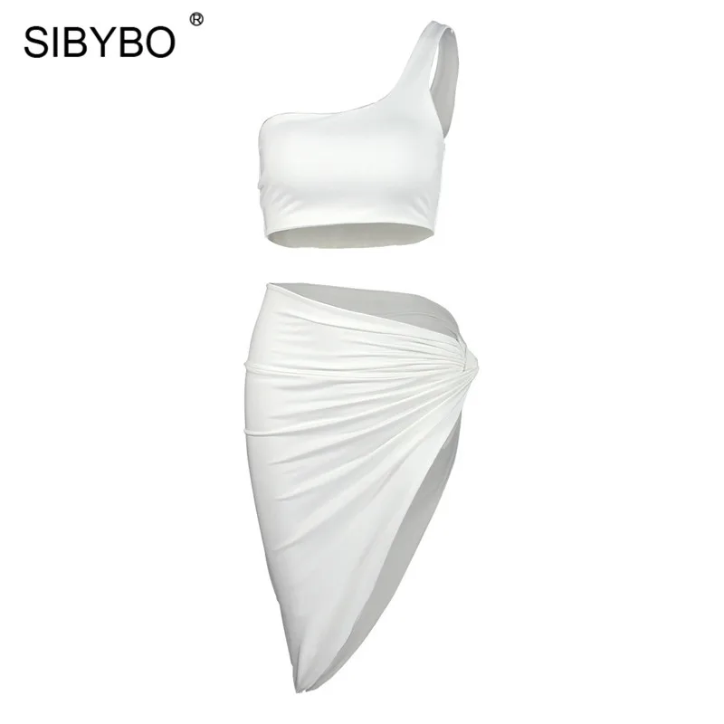 Sibybo, с разрезом по бокам, высокая талия, сексуальное, облегающее платье, на одно плечо, плиссированное, летнее, из двух частей, платье, для ночного клуба, мини, женское платье