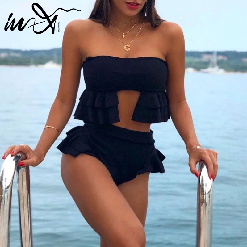 In-X бикини с высокой талией и оборками mujer, микро бикини, черный купальник для женщин, купальный костюм с пуш-ап
