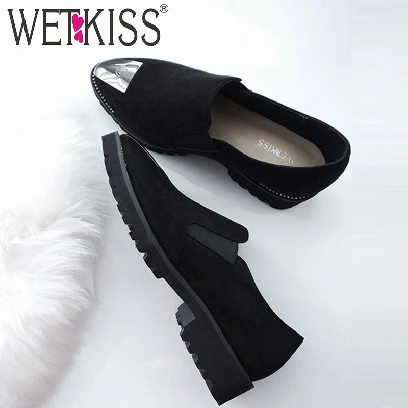WETKISS/летние туфли лодочки черные женские на низком каблуке с заклепками из флока