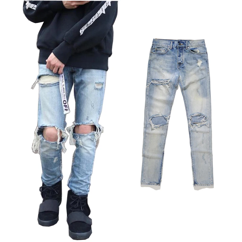 Высокое качество 2017 модные мужские джинсы дырки полная длина штаны на молнии