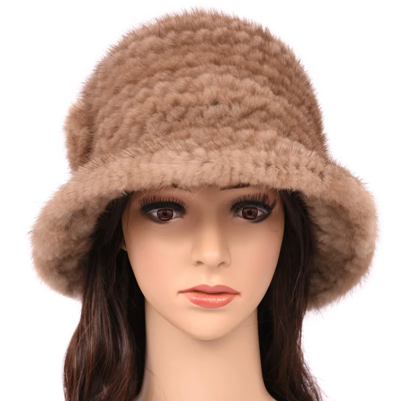 Handmade Autumn Winter Women Genuine Knitted Mink Fur Hats Lady Warm Caps VF7043