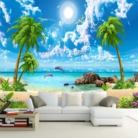 custom mural wallpaper hd beautiful sandy beach sea view beach coconut trees 3d photo background wall painting home decoration