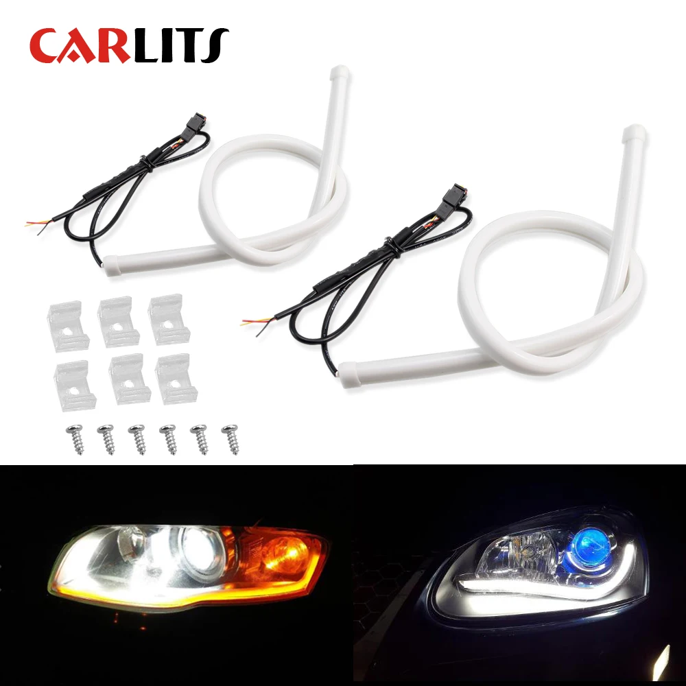 

CARLITS 2x 30cm 60cm DRL Daytime Running Light Flexible Soft Tube silicone Car LED Strip White Yellow Blue Turn signal Yellow