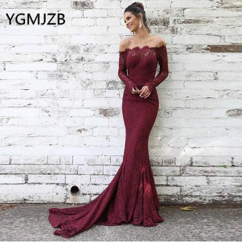 

Elegant Lace Evening Dresses Long 2019 Mermaid Full Sleeves Off the Shoulder Saudi Arabia Women Formal Prom Dress Party Dress