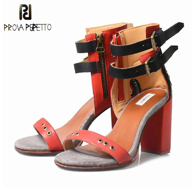 

Prova Perfetto Mixed Color Chunky High Heel Rome Style Women Sandals Rivet Decoration Buckle Genuine Leather Shoes Mujer Zapatos