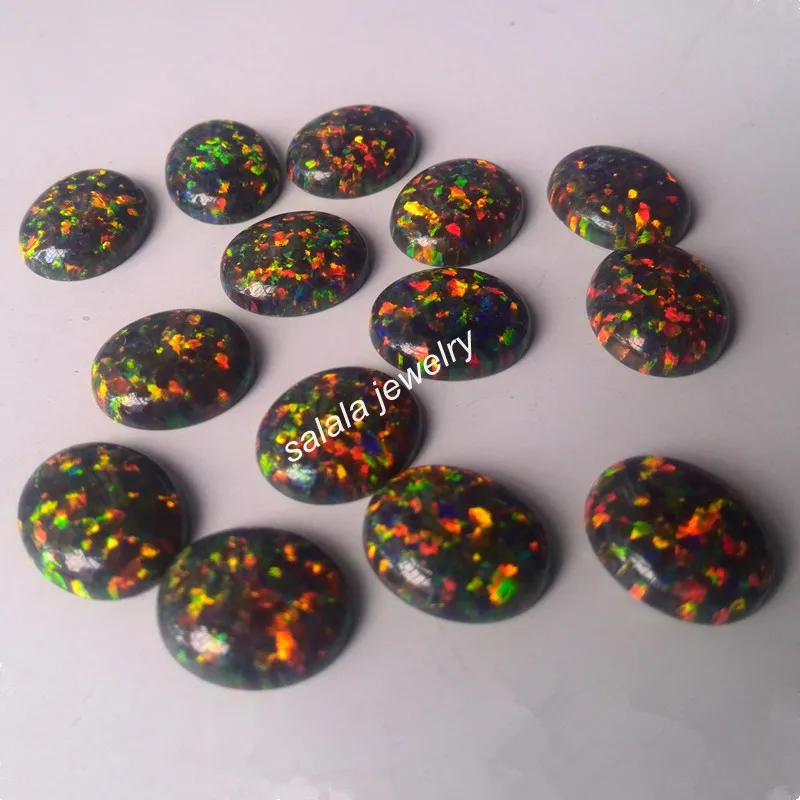 

100pcs/lot 10x12 MM High Quality Synthetic Black Fire Opal Oval Cabochon Opal Stone for Body Jewelry