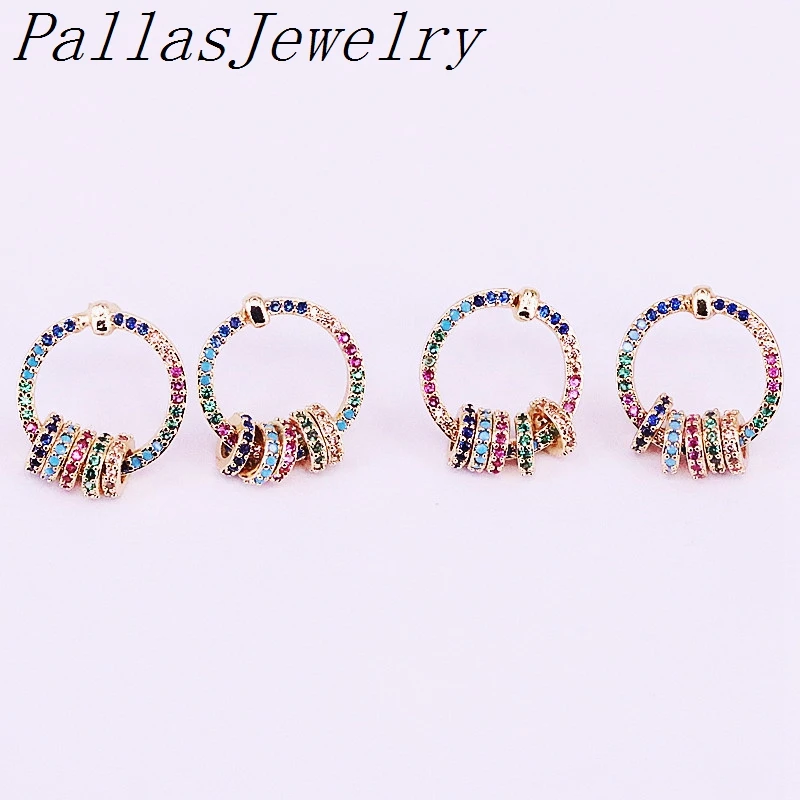 

5Pairs New Fashion Gold Color Pave Rainbow Zirconia CZ round circle Stud Earrings for Women Girl Jewelry