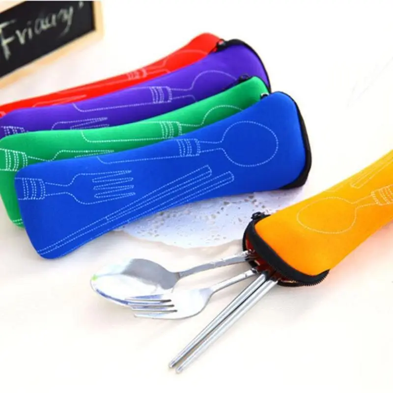 3Pcs/set Portable Stainless Steel Cutlery Set Flower Painting Fork Dinner Tableware Case Kit For Camping A | Дом и сад