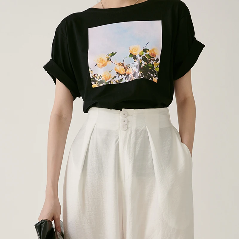 [EAM] New Spring Summer Round Neck Short Sleeve black loose patter printed personality T-shirt Women Fashion Tide JW877