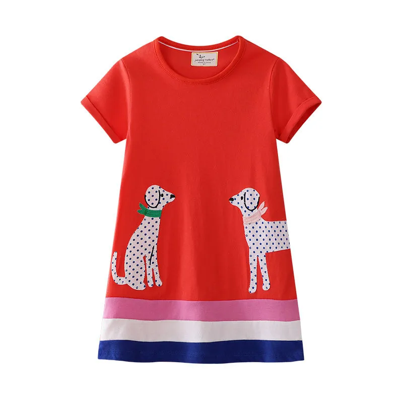 Jumping meters baby girls cartoon dress with applique two cute dogs short sleeves summer clothes new designed cotton clothing | Детская
