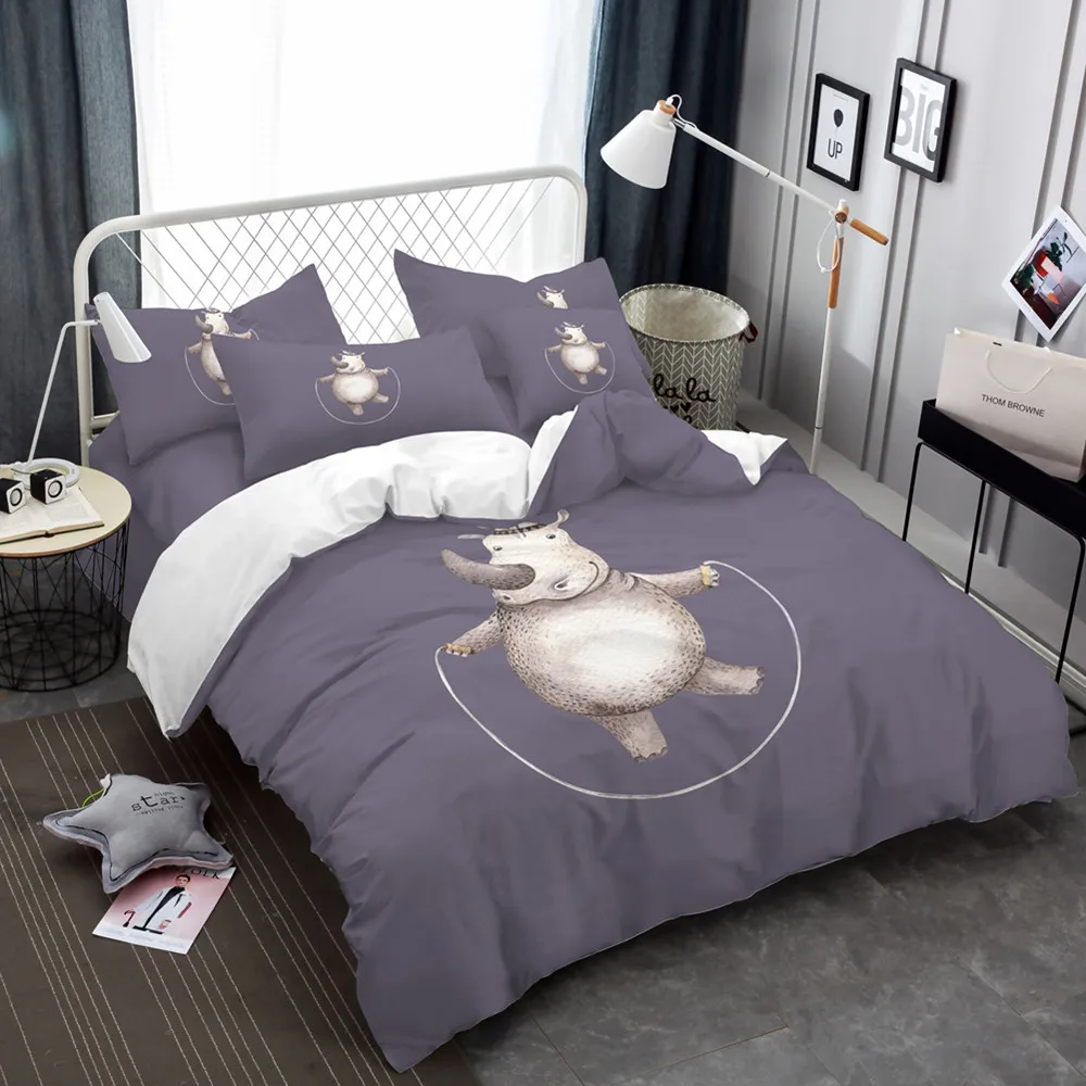 Cartoon Bedding Set Rhinoceros rope skipping Duvet Cover Animal Bedsheet Bed Covers Pillowcase Bedclothes Home Decor 3/4pcs | Дом и сад