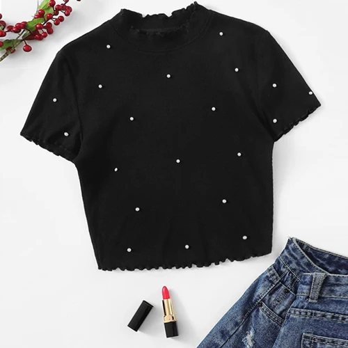 Black SHEIN модная женская футболка с воротником-стойкой, украшенная жемчугом и бусинами, элегантные летние женские Топы с коротким рукавом - Цвет: Black