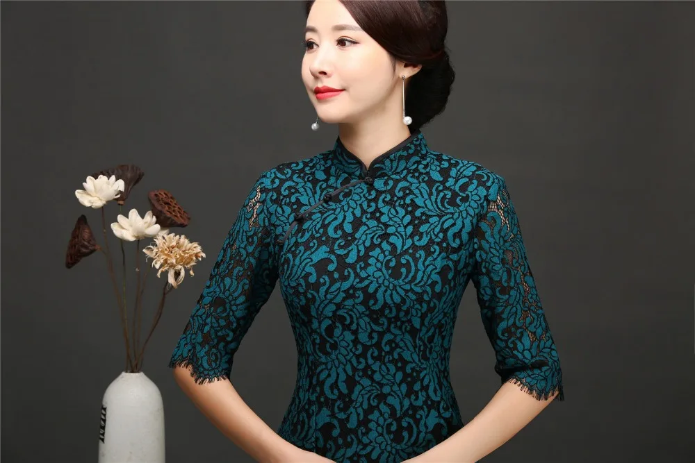 Женское кружевное платье Ципао с подкладкой темно зеленое длинное полурукавами