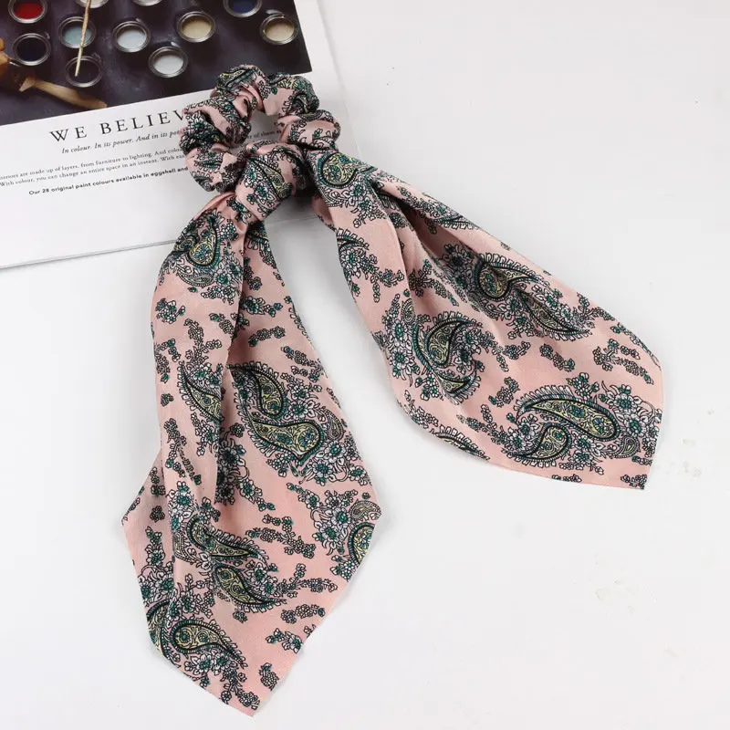 floral pink Сатиновые Галстуки для волос с принтом в стиле бохо для женщин и девочек, ленточные резинки для волос, аксессуары для волос - Цвет: floral pink