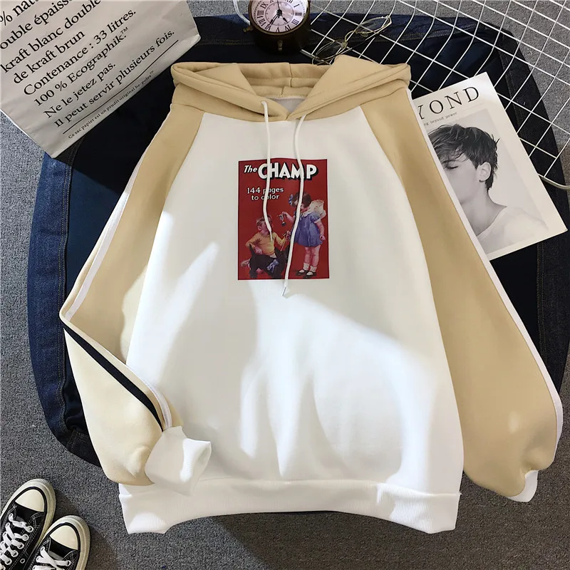Толстовки женские Ulzzang мультфильм полосатый рукав зимние теплые мягкие Kawaii печатных женщин s с капюшоном корейский стиль кофты Harajuku - Цвет: 6828 khaki