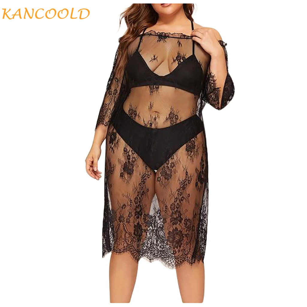 KANCOOLD Clothes Women Plus Size 5XL Print Lace Hollow Out Mesh Beach Dress Half Sleeve Long Coat Swimsuit Cover Ups Top Black