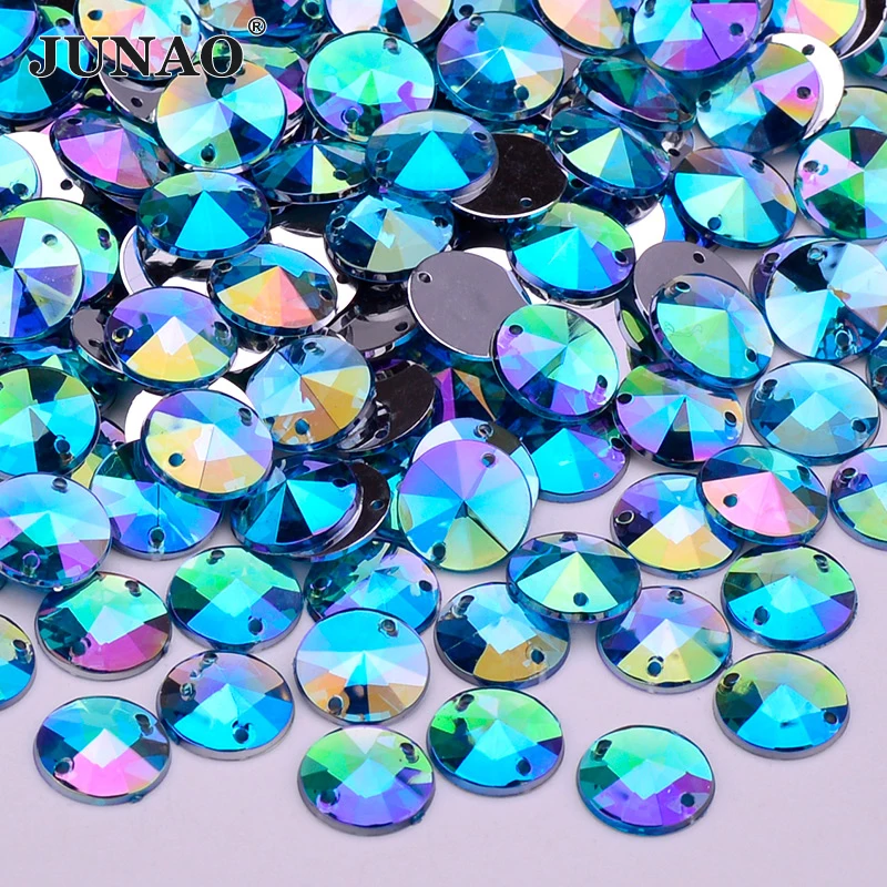 JUNAO-Aplique de diamantes de imitaci&oacute;n de Cristal AB para costura, gemas acr&iacute;licas redondas, piedras de Strass planas para costura, color azul Aqua, 10mm-0